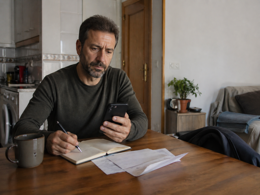 Hombre organizando su situación de deudas en casa tras revisar opciones