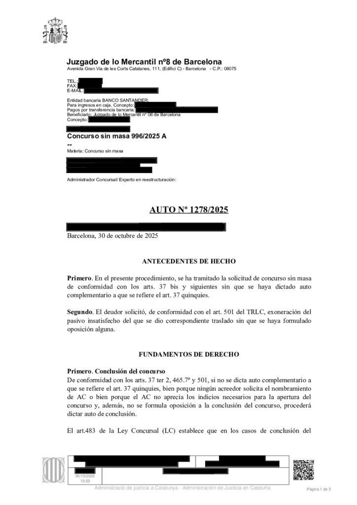 Portada del Auto 1278/2025 del Juzgado de lo Mercantil nº 8 de Barcelona