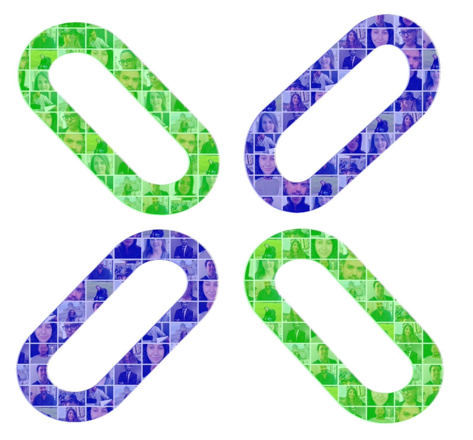 Logotipo de Exonera: fotomosaico del equipo en forma de X